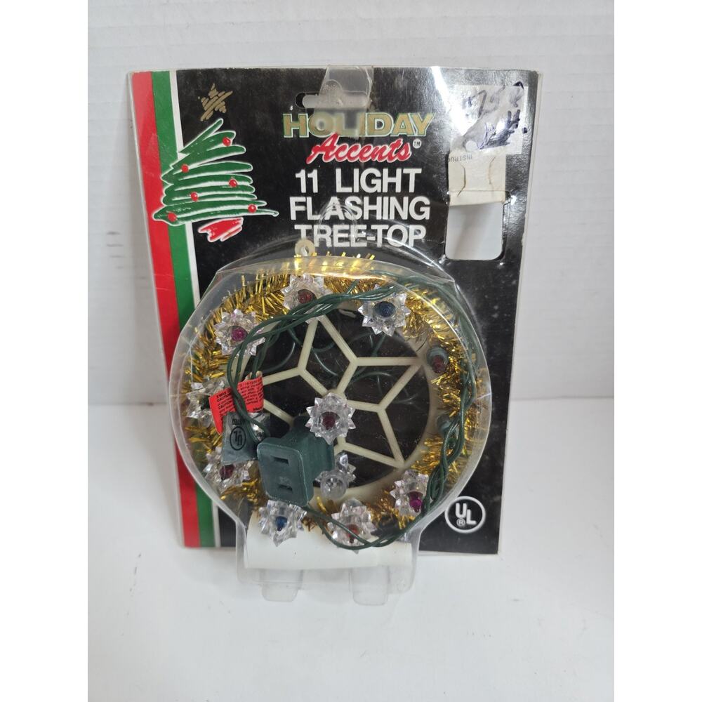 Vintage Christmas Tree Topper Lighted Round Multicolor Lights Gold Tinsel Boxed